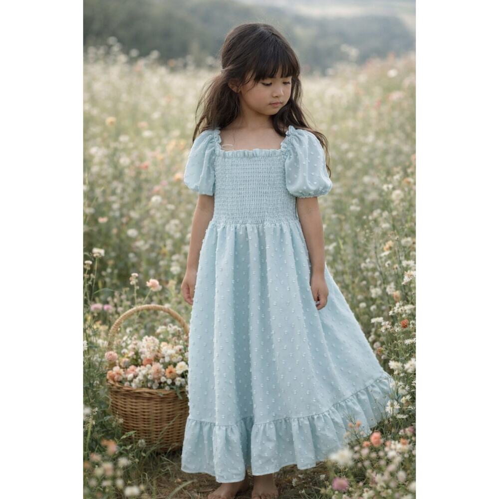 New Dusty Seafoam Puff Slv Floaty Chiffon Smocked Midi Dress 6/7